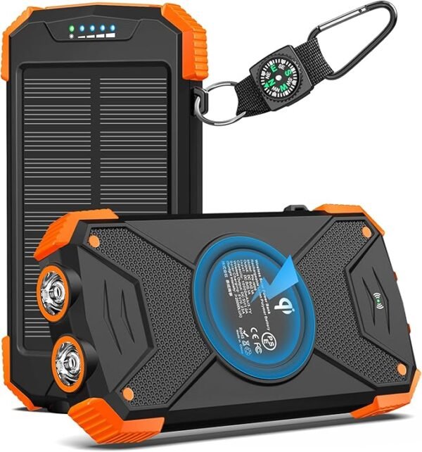 Banco de energia solar, carregador portátil Qi 10.000mAh bateria externa tipo C porta de entrada lanterna dupla, bússola, carregamento de painel solar (laranja)