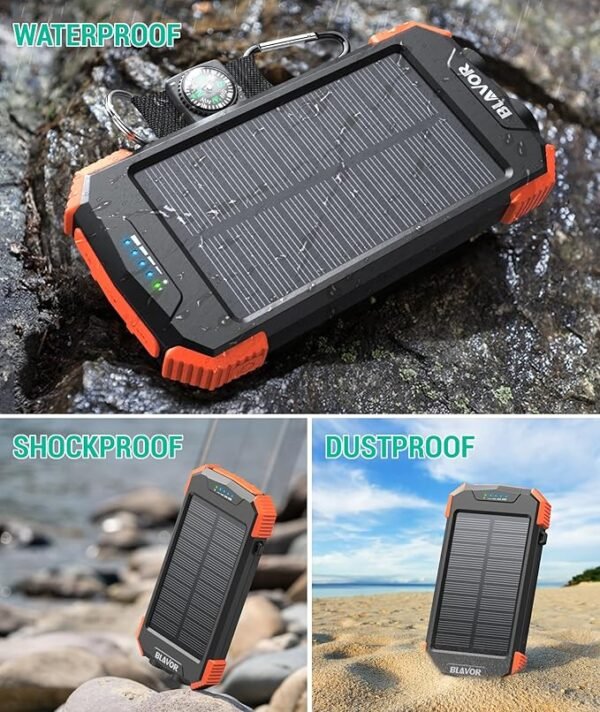 Banco de energia solar, carregador portátil Qi 10.000mAh bateria externa tipo C porta de entrada lanterna dupla, bússola, carregamento de painel solar (laranja) - Image 3