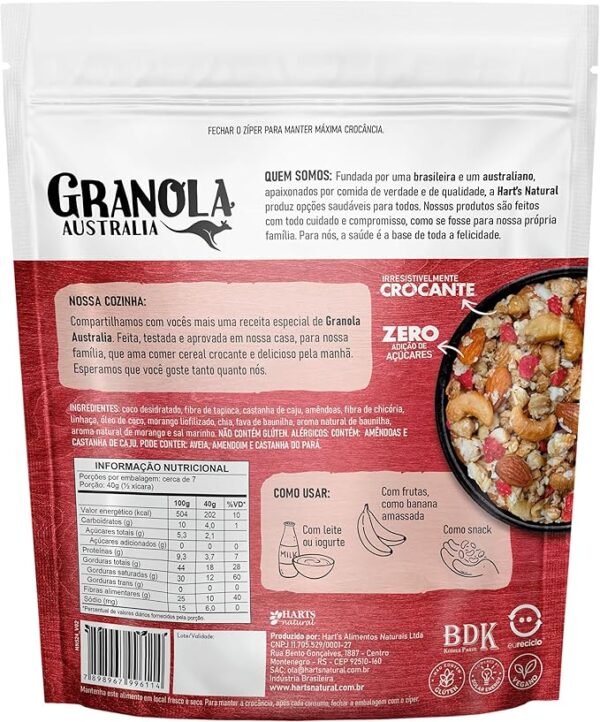 Hart's Natural Granola Australia Keto Low Carb Morango e Baunilha - Granola Sem Açucar, Sem Lactose, Sem Glúten, Vegano - 100% Natural - Alto em Fibras - 300g - Image 3